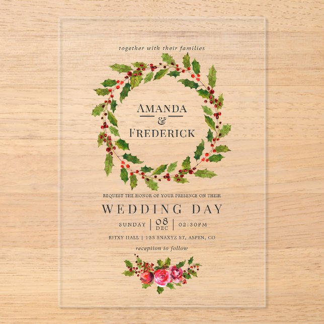 Elegant Holly Wreath Christmas Wedding Acrylic Invitations (Front)