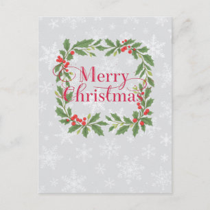 Elegant Holly Wreath Merry Christmas Holiday Postcard