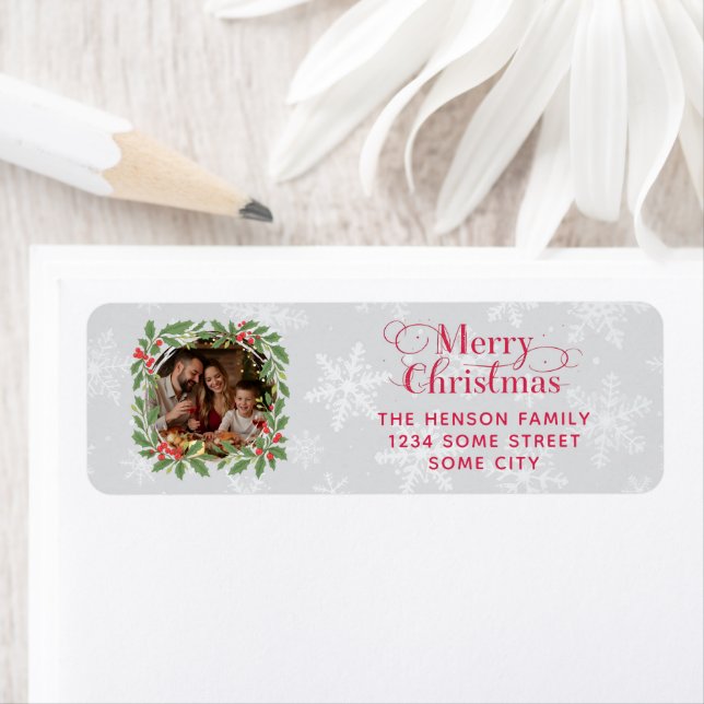 Elegant Holly Wreath Merry Christmas Photo Address (Insitu)