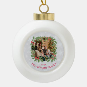 Elegant Holly Wreath Merry Christmas Photo Ceramic Ball Christmas Ornament