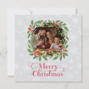 Elegant Holly Wreath Merry Christmas Photo Holiday Card