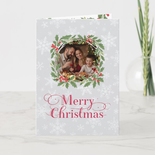 Elegant Holly Wreath Merry Christmas Photo Holiday Card (Front)