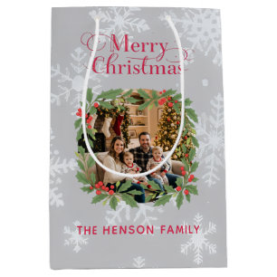Elegant Holly Wreath Merry Christmas Photo Medium Gift Bag
