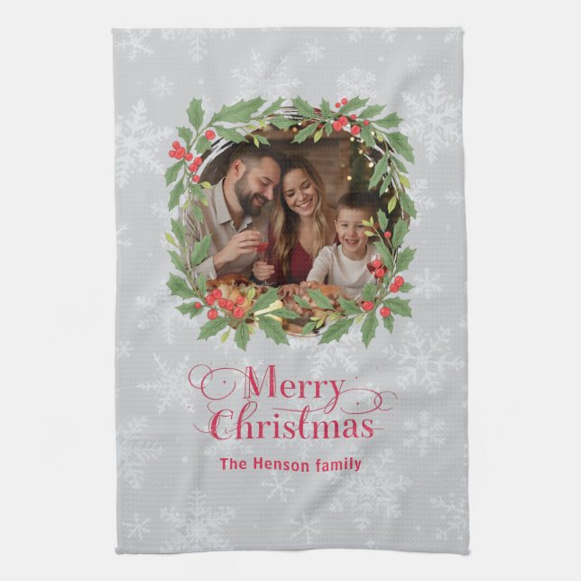 Elegant Holly Wreath Merry Christmas Photo Tea Towel (Vertical)