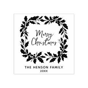 Elegant Holly Wreath Merry Christmas Rubber Stamp