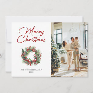 Elegant Holly Wreath Photo Merry Christmas Card