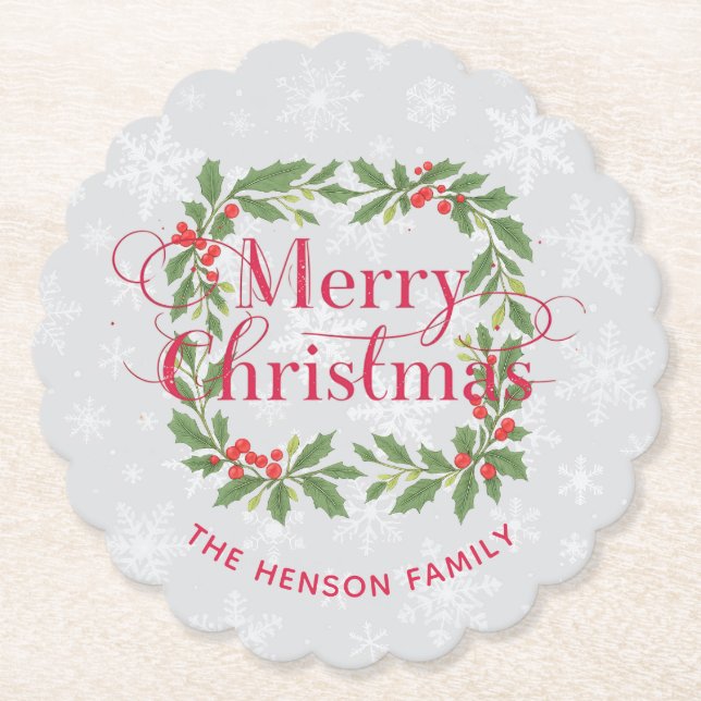 Elegant Holly Wreath Snowflakes Merry Christmas Paper Coaster (Front)