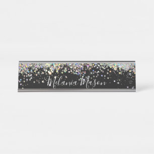 Elegant Holographic Glitter Black Desk Name Plate