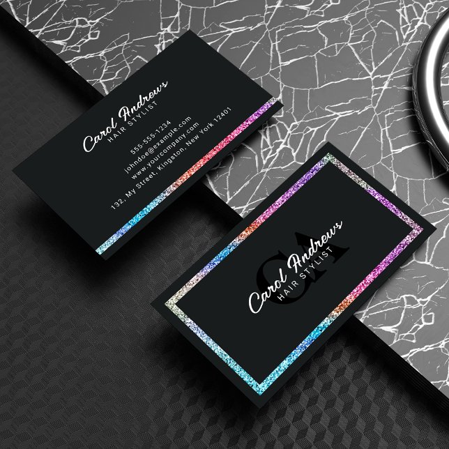 Elegant Holographic Glitter & Black Hair Stylist Business Card (Creator Uploaded)