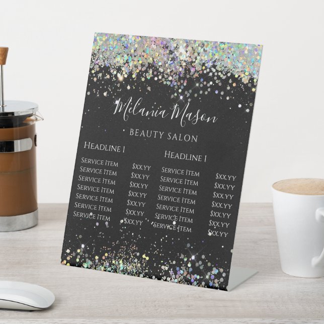 Elegant Holographic Glitter Black Price List Pedestal Sign (In SItu)