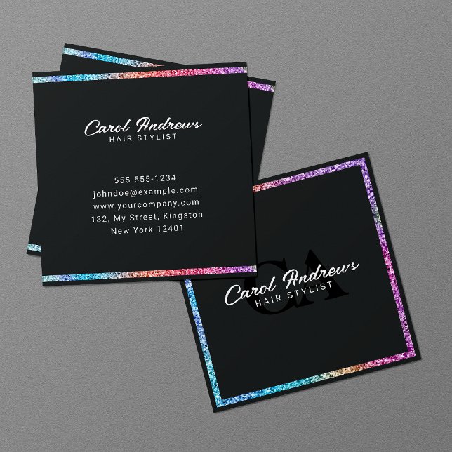 Elegant Holographic Glitter Frame Hair Stylist Square Business Card (Creator Uploaded)