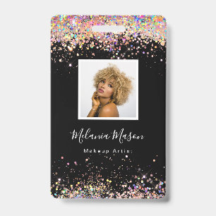 Elegant Holographic Glitter Makeup Artist Black Ba ID Badge