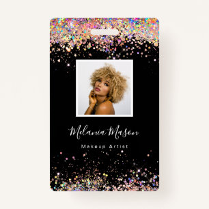 Elegant Holographic Glitter Makeup Artist Black Ba ID Badge