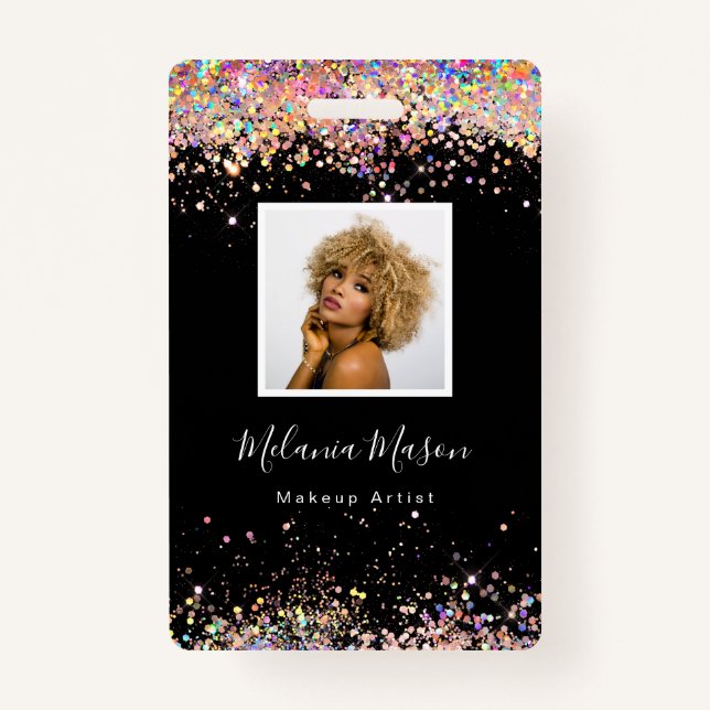 Elegant Holographic Glitter Makeup Artist Black Ba ID Badge (Front)