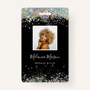 Elegant Holographic Glitter Makeup Artist Black ID Badge