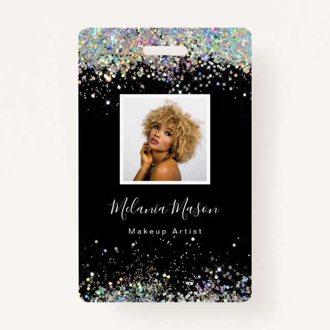 Elegant Holographic Glitter Makeup Artist Black ID Badge (Front)