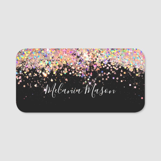Elegant Holographic Glitter Makeup Artist Black Name Tag (Front)