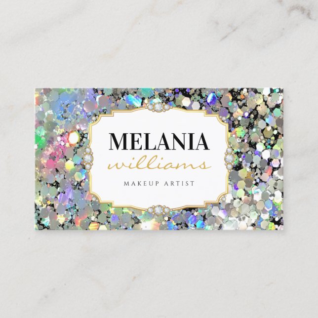 Elegant Holographic Glitter Makeup Artist Frame Business Card (Front)