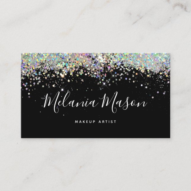Elegant Holographic Glitter Makeup Artist QR Code Business Card (Front)
