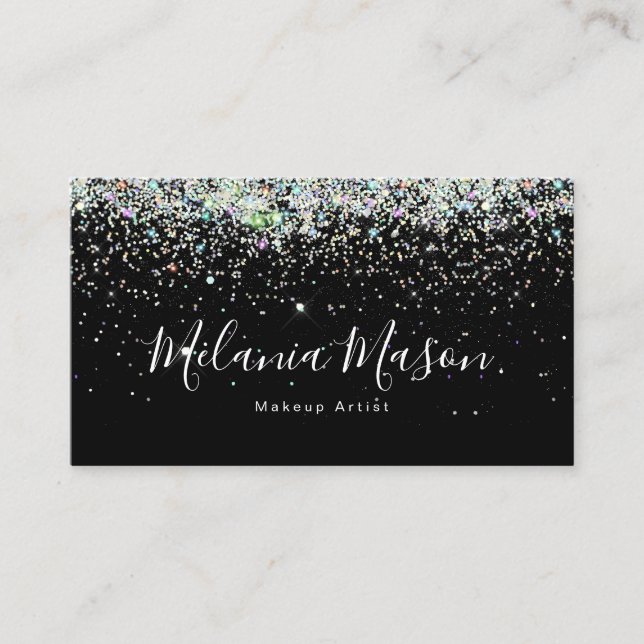 Elegant Holographic Glitter Nail Artist Black Business Card (Front)