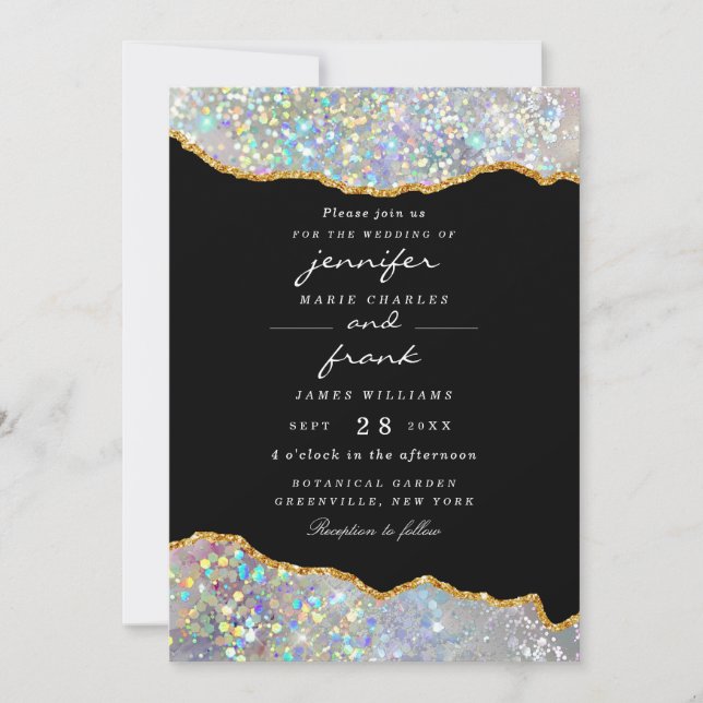 Elegant Holographic Glitter Sparkle Agate Black Invitation (Front)