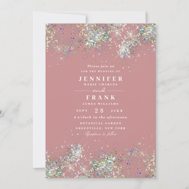 Elegant Holographic Glitter Sparkles Dusty Rose Invitation (Front)