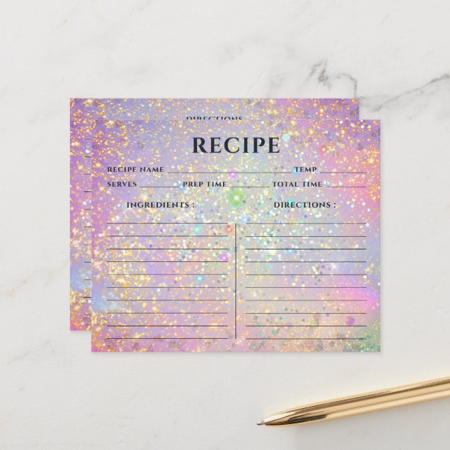 Elegant Holographic Gold Pink Glitter Recipe Cards (Front/Back In Situ)