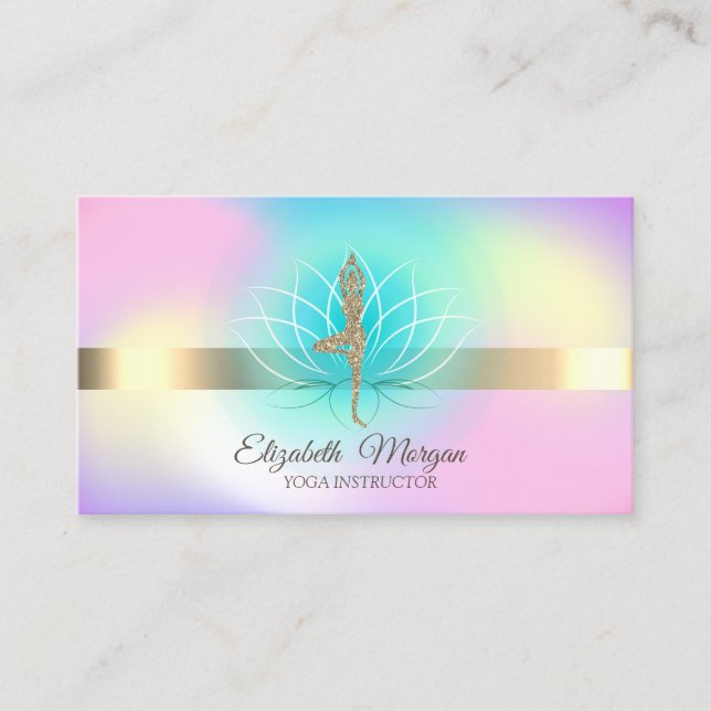 Elegant Holographic Lotus Yoga Glitter Girl Business Card (Front)