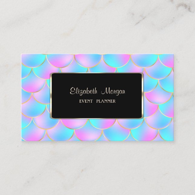 Elegant Holographic Mermaid Scales Black Frame Business Card (Front)