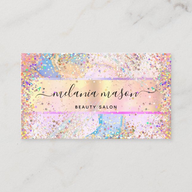 Elegant Holographic Pastel Confetti Glitter Gold Business Card (Front)
