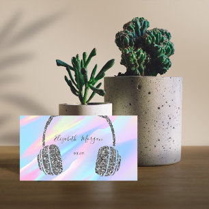 Elegant Holographic, Silver Glitter Headphone DJ Business Card