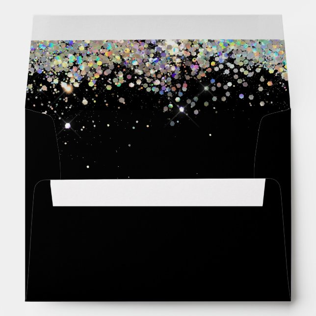 Elegant Holographic Sparkly Glitter Black Modern Envelope (Back (Bottom))