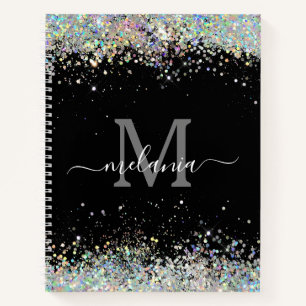 Elegant Holographic Sparkly Glitter Black Monogram Notebook