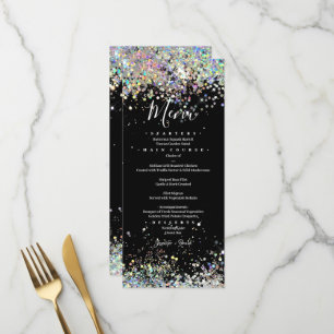 Elegant Holographic Sparkly Glitter Black Wedding Menu