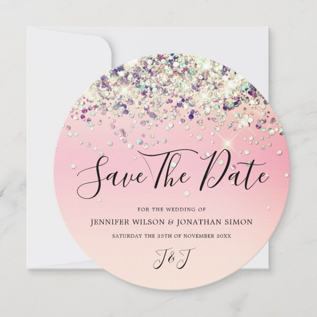 Elegant Holographic Sparkly Glitter Modern Pink Sa Save The Date (Front)