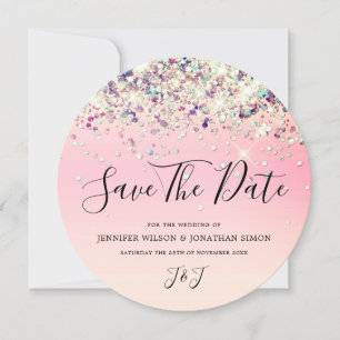 Elegant Holographic Sparkly Glitter Modern Pink Sa Save The Date