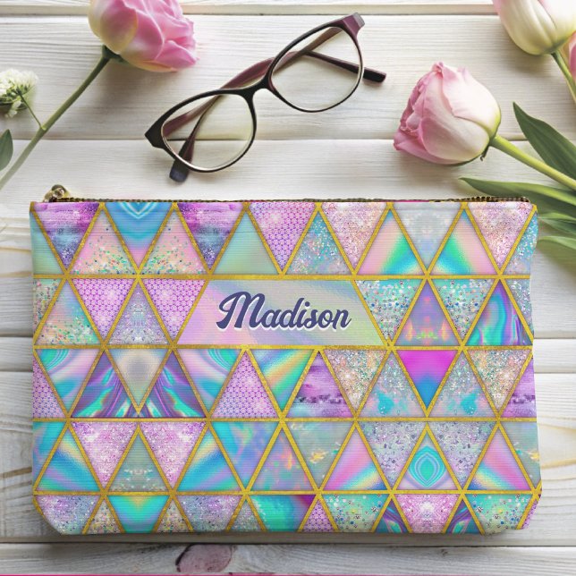 Elegant holographic trendy faux gold geometric accessory pouch (Creator Uploaded)
