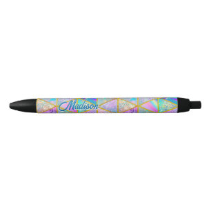 Elegant holographic trendy faux gold geometric black ink pen