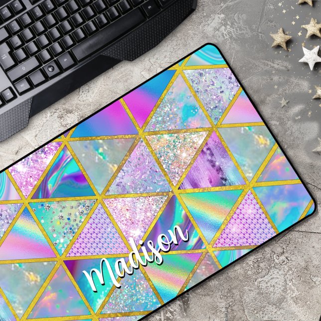 Elegant holographic trendy faux gold geometric  desk mat (Creator Uploaded)