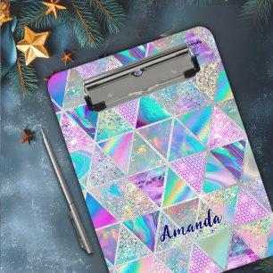 Elegant holographic trendy faux silver geometric clipboard