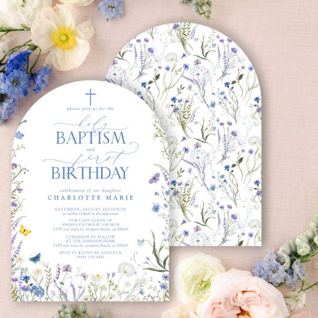 Elegant Holy Baptism & 1st Birthday Blue Flowers Invitation (Creator Uploaded)