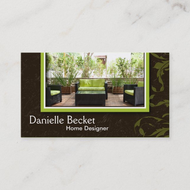 Elegant Home Designer Photo Business Card Green (Front)