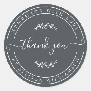 Elegant Homemade With Love Off-Black Thank You Classic Round Sticker