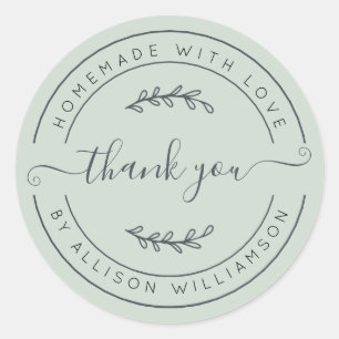 Elegant Homemade With Love Pastel Green Thank You Classic Round Sticker