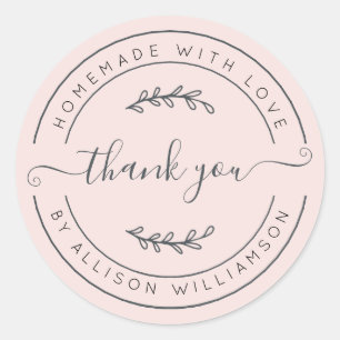 Elegant Homemade With Love Pastel Pink Thank You Classic Round Sticker