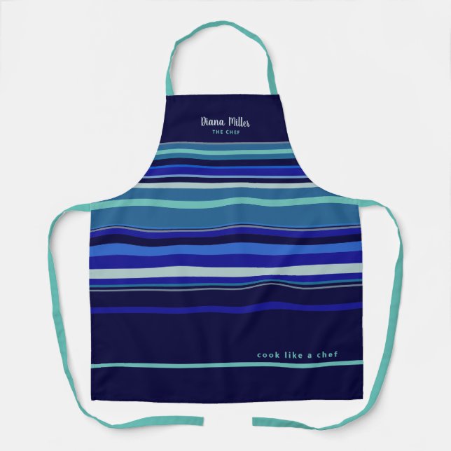 elegant horizontal blue stripes personalised apron (Front)