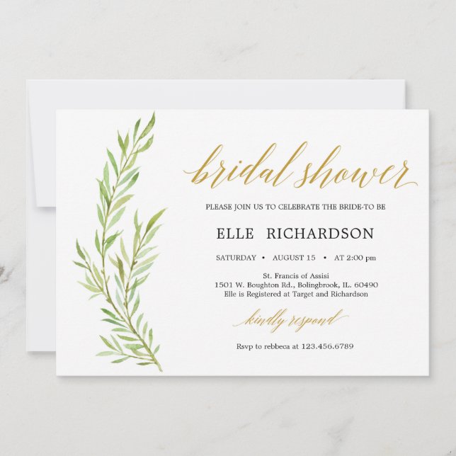 Elegant horizontal greenery gold bridal shower invitation (Front)