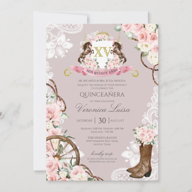 Elegant Horse Crest Pink Grey Charro Quinceanera  Invitation (Front)
