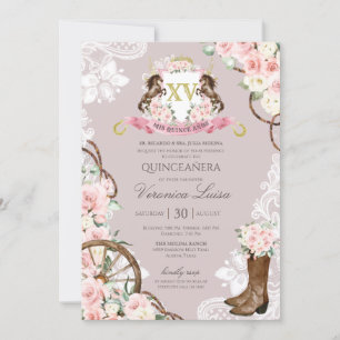 Elegant Horse Crest Pink Grey Charro Quinceanera  Invitation