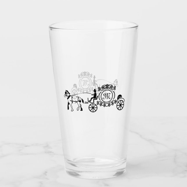 Elegant Horse Drawn Wedding Wagon Monogram Glass (Front)